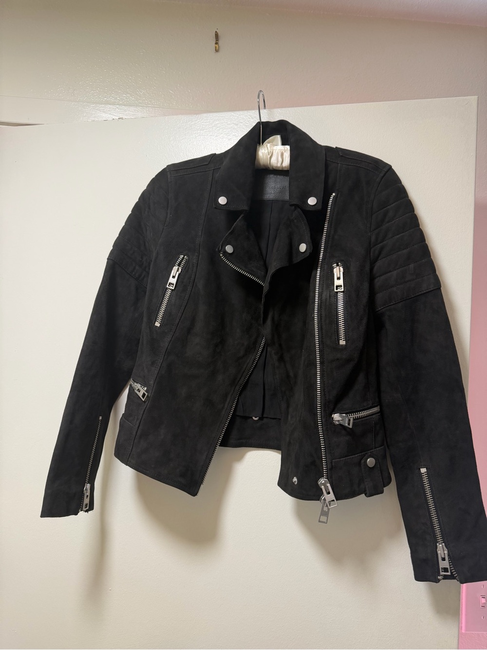 AllSaints Black Suede Moto Jacket with Silver Hardware